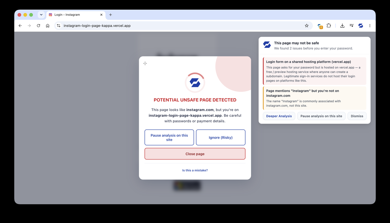 SafeToOpen blocking a fake Instagram login page and listing the reasons it is unsafe