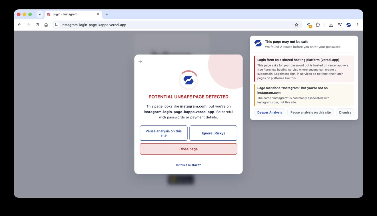 SafeToOpen blocking a fake Instagram login page and listing the reasons it is unsafe