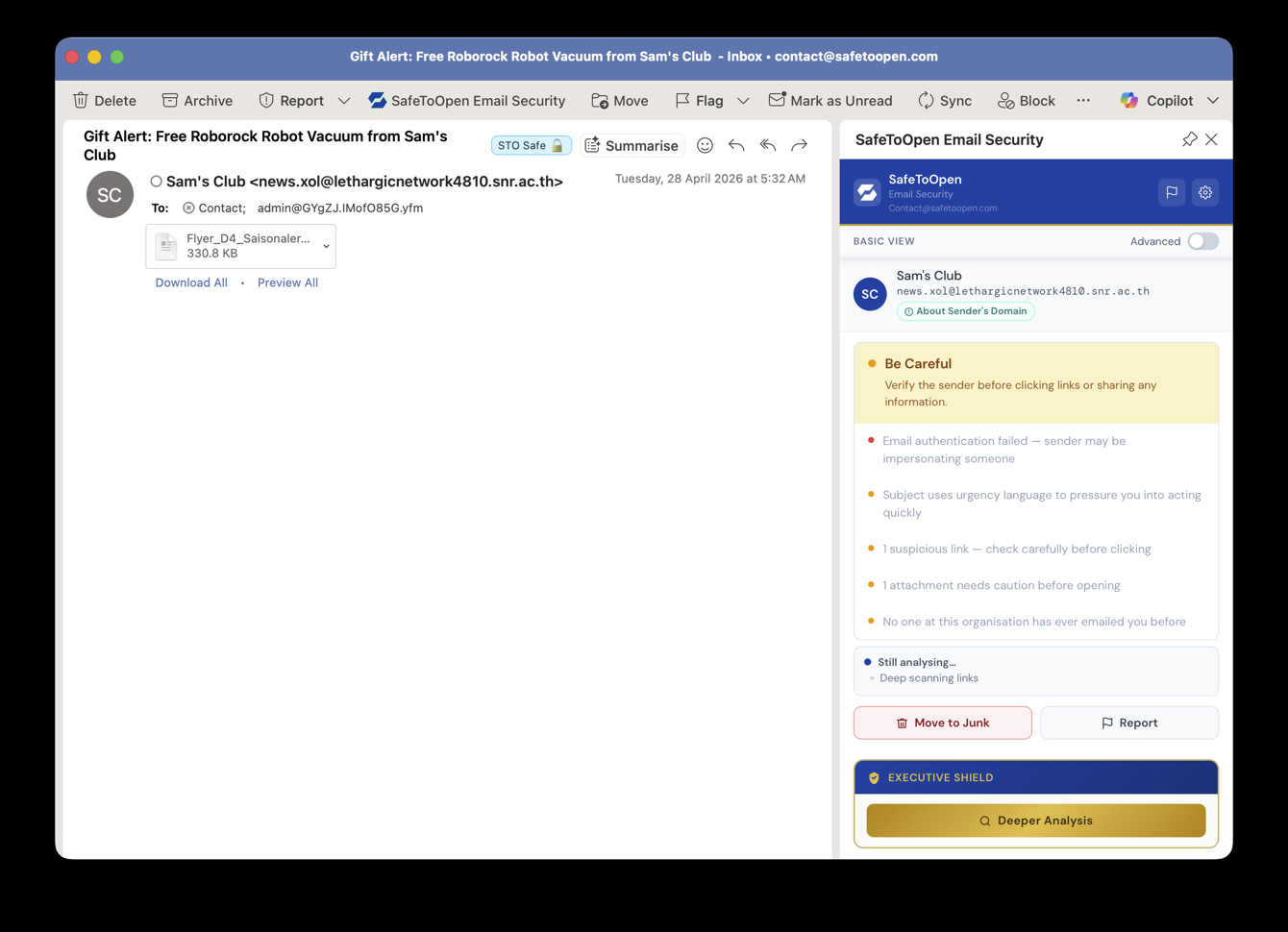 SafeToOpen Email Security panel inside Outlook, flagging a suspicious gift-voucher email