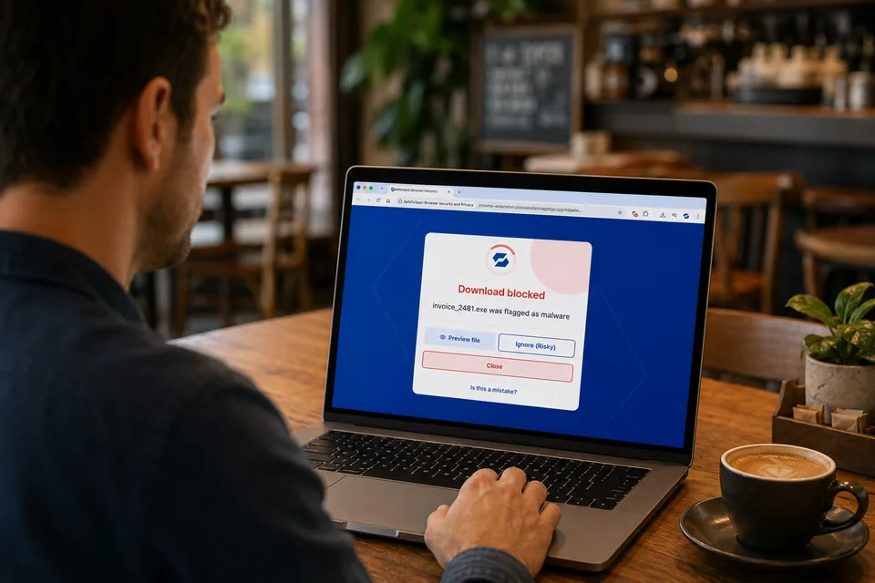 في مقهى، يحظر SafeToOpen تنزيلًا خبيثًا — invoice_2481.exe مصنف كبرمجية ضارة.