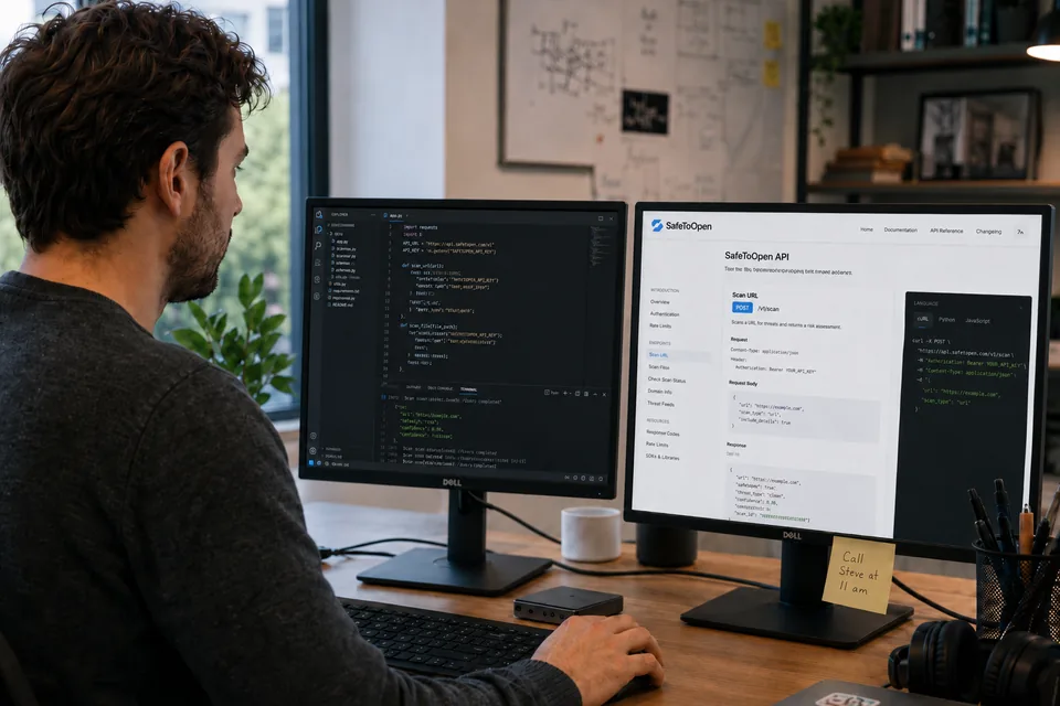 A developer integrates the SafeToOpen API, with code and the API reference side by side.