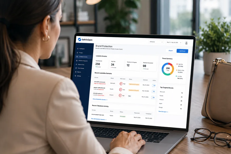 A brand manager reviews lookalike domains and takedown progress in the SafeToOpen Brand Protection dashboard.
