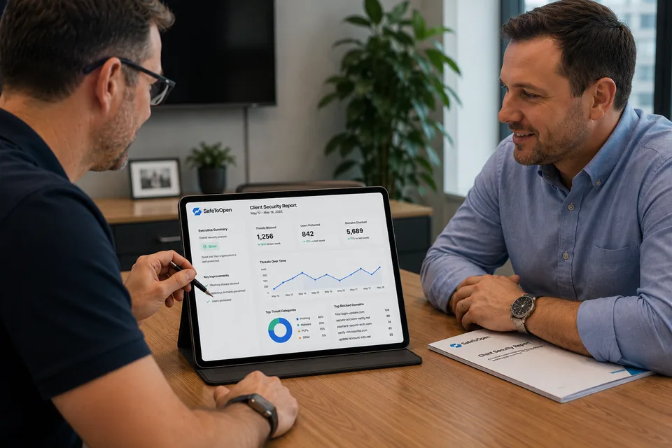 An MSP owner walks a client through a SafeToOpen Client Security Report on a tablet — threats blocked, users protected, domains checked.