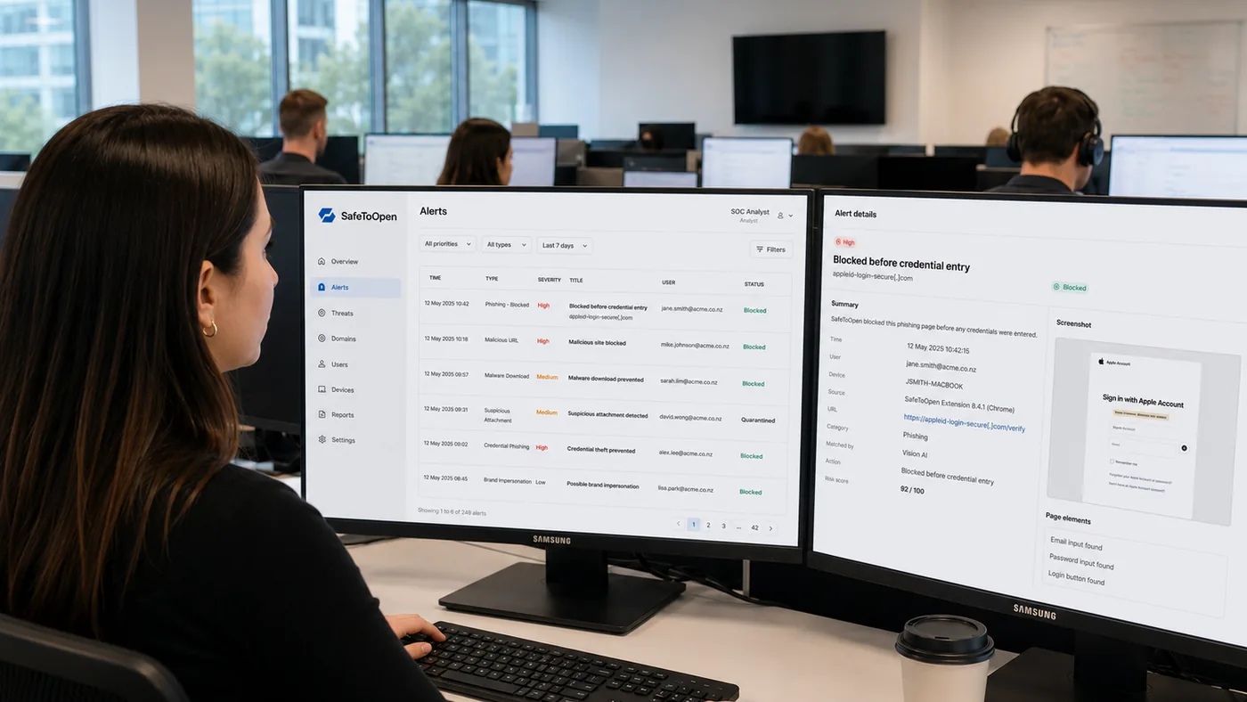A SOC analyst reviews the SafeToOpen alerts console across two monitors — the alert detail shows a phishing page blocked before credential entry, risk score 92/100.