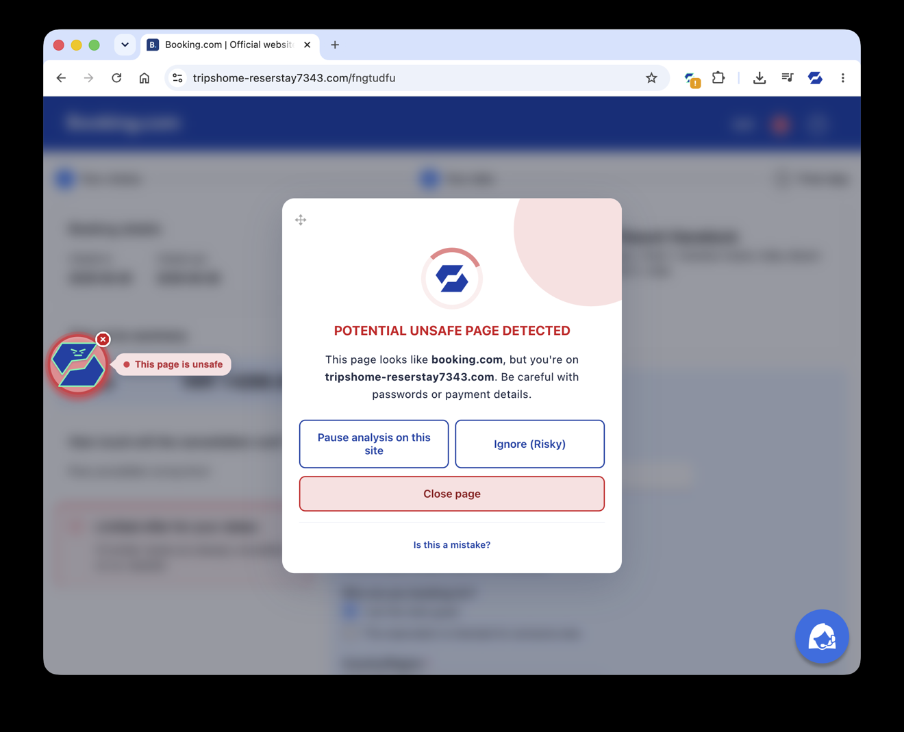 Otto flagging a fake Booking.com page as unsafe in a real browser