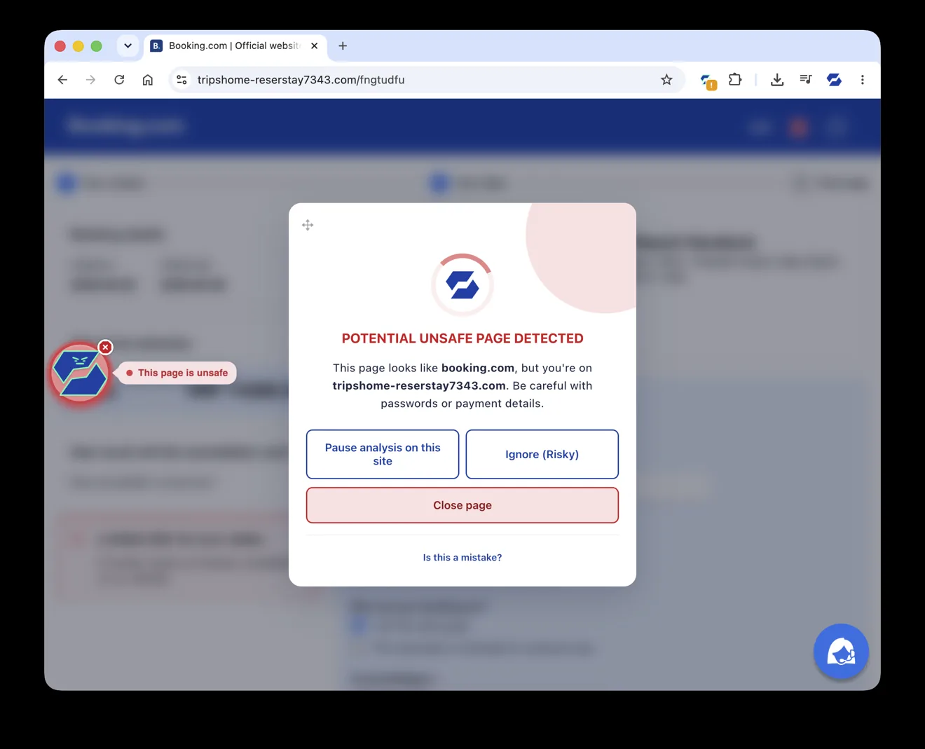 Otto flagging a fake Booking.com page as unsafe in a real browser