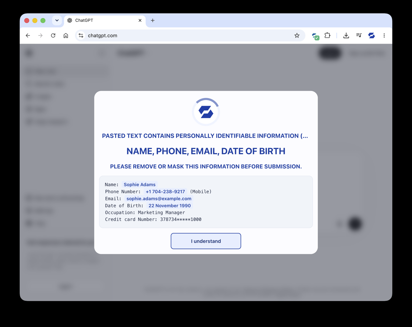 Paste Guard warning that pasted text contains personal information, shown on an AI chatbot