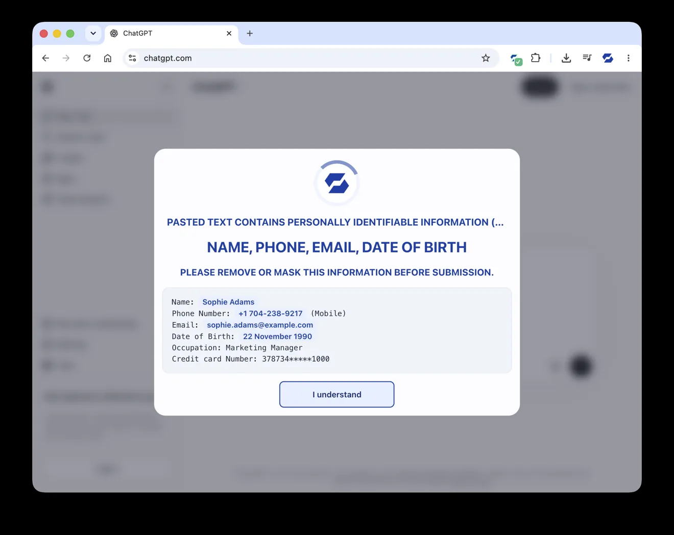 Paste Guard warning that pasted text contains personal information, shown on an AI chatbot