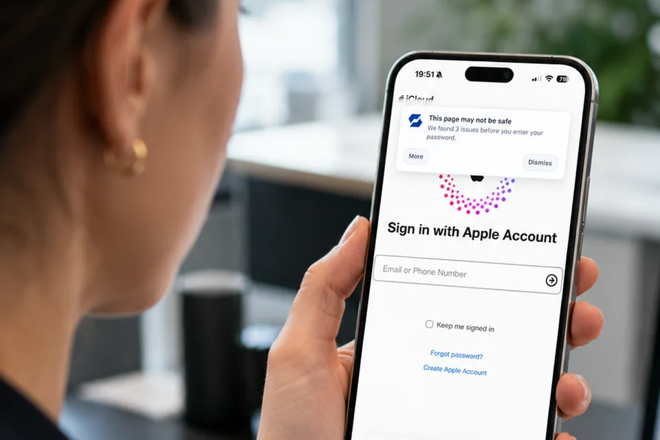SafeToOpen Browser Security warns a woman on her iPhone before she enters her password on an unsafe page.