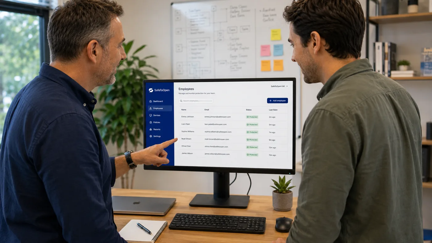 Two colleagues review the SafeToOpen admin dashboard — every employee listed with a green Protected status.