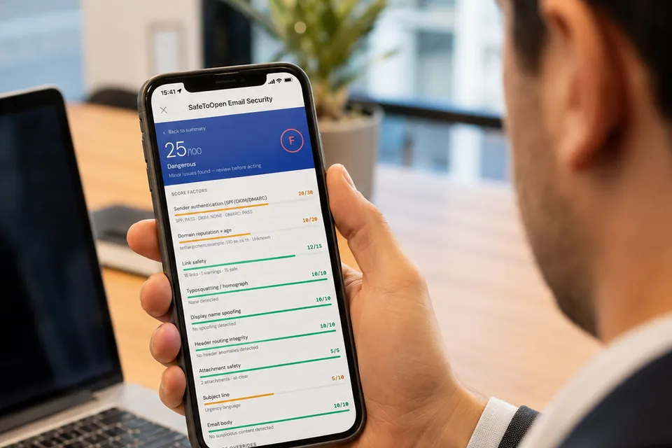 A business owner verifies a suspicious email on his phone with SafeToOpen Email Security.