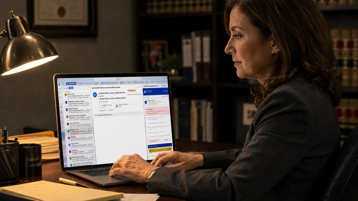 A partner at a small law firm works late; SafeToOpen Email Security flags a dangerous invoice email in her inbox before she opens the attachment.