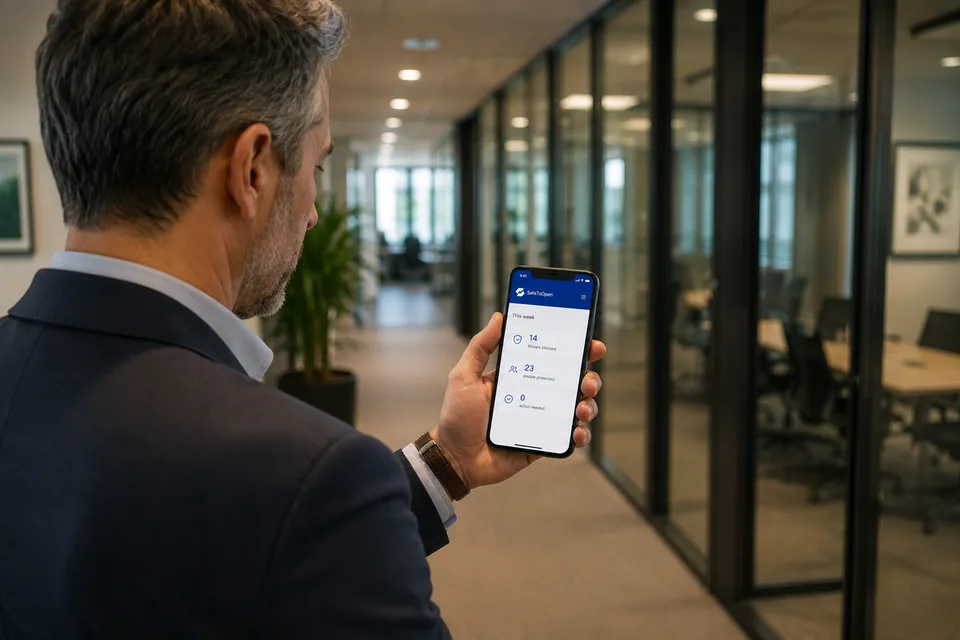 A business owner glances at his weekly SafeToOpen summary on his phone: 14 threats blocked, 23 people protected, 0 action needed.